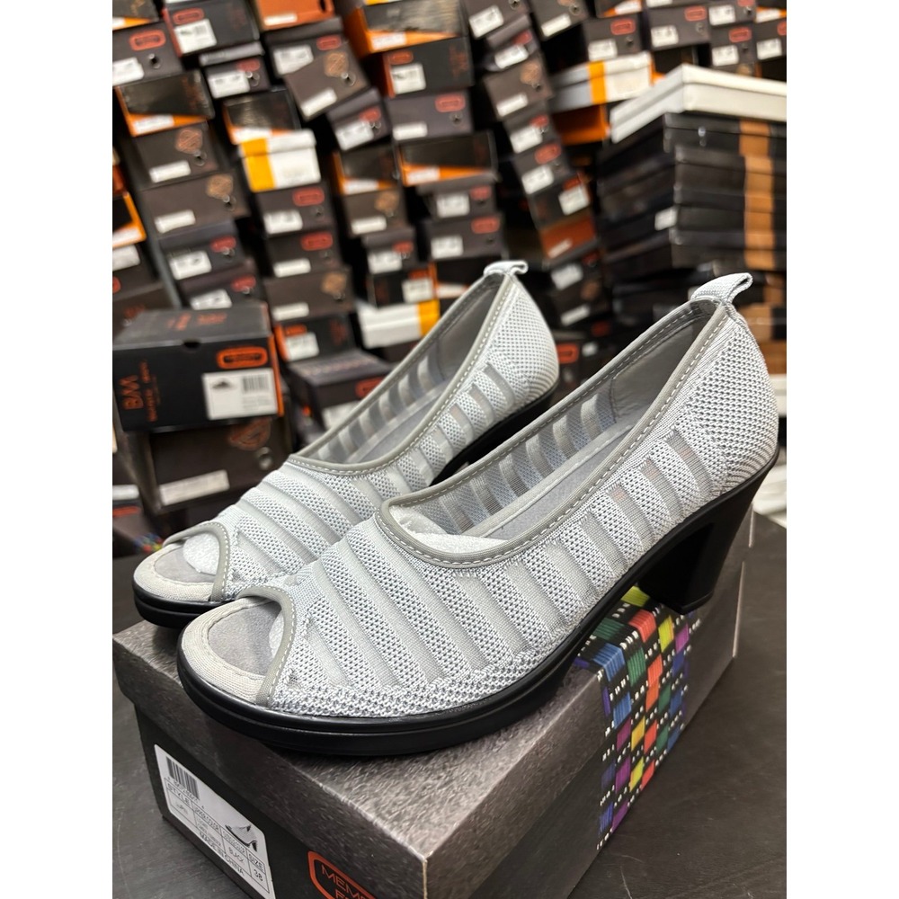 Bernie Mev Lupin Light Grey Sheer Peep Toe Block Heel Pumps Size 38 US 7.5-8